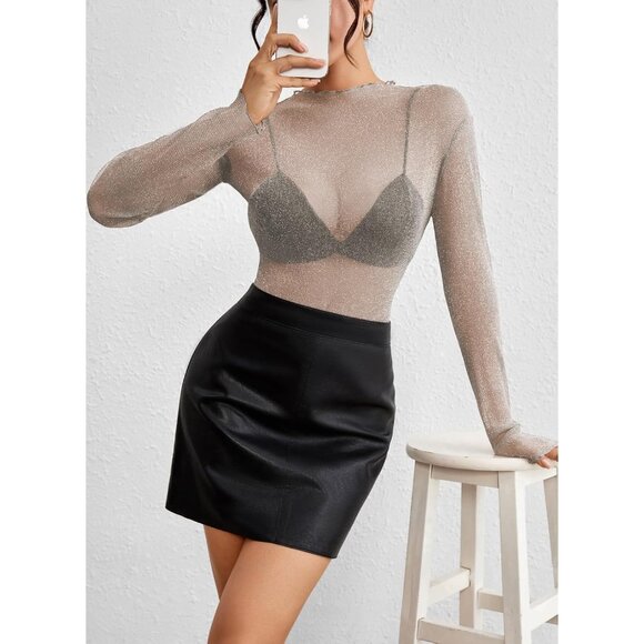 Women's Mesh Sheer Top Small Party Clubwear Glitter Long Sleeve Shirts - Picture 2 of 5